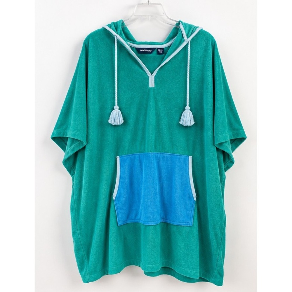 Coastal Resort Lands' End Terry Hooded Cover Up Tunic 1X 2X Teal Blue Beach
